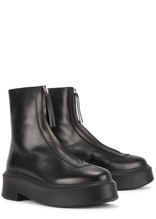 The Row + Zipped Black Leather Flatform Ankle Boots