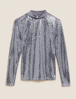 M&S Collection + Sequin Regular Fit High Neck Top