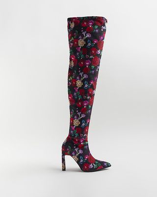 River Island + Black Floral Thigh High Heeled Boots