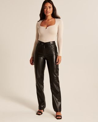 Abercrombie & Fitch + Curve Love Criss-Cross Waistband Vegan Leather 90s Straight Pants