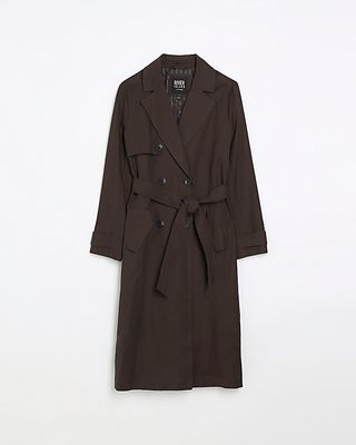 River Island + Brown Belted Longline Trench Coat