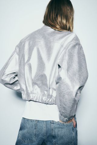 Zara + Faux Leather Metallic Bomber Jacket
