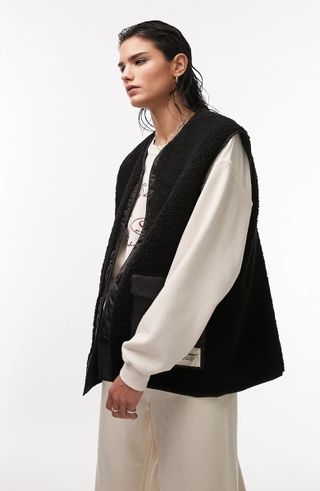 Topshop + Oversize Mixed Media Faux Shearling Vest