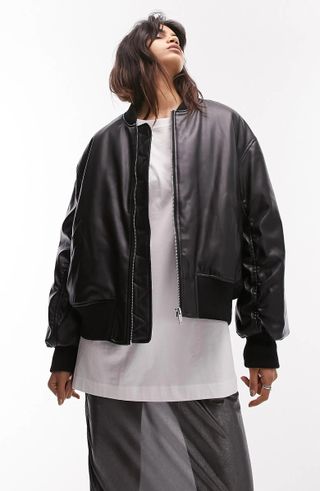 Topshop + Faux Leather Crop Bomber Jacket