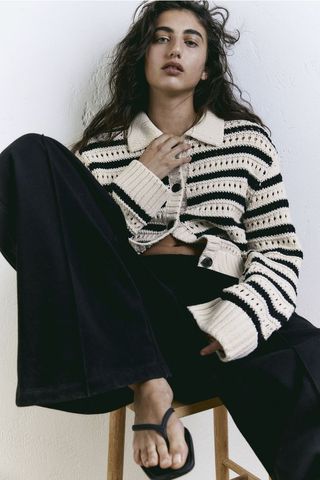 H&M + Hole-Knit Cardigan With Collar