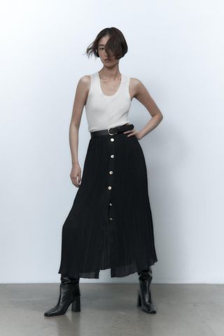 Zara + Belted Pleated Midi Skirt