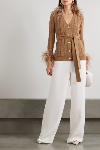 Valentino + Belted Feather-Trimmed Cable-Knit Wool Cardigan