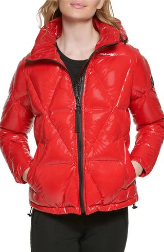 Karl Lagerfeld Paris + Water Resistant Down & Feather Fill Short Puffer Coat