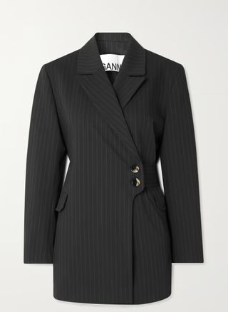 Ganni + Belted Striped Recycled-Crepe Blazer