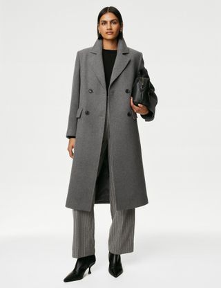 Marks & Spencer + Double Breasted Longline Coat With Wool