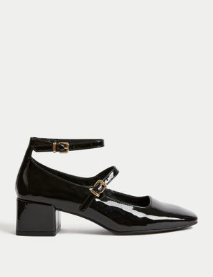 M&S Collection + Patent Strappy Block Heel Court Shoes