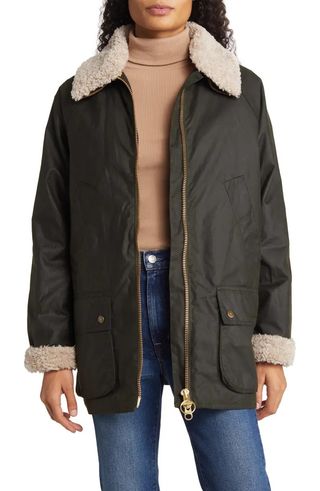 Barbour + Carloway Waxed Cotton Jacket With Removable Faux Shearling Collar
