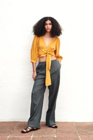 Zara + Linen Blend Wide Leg Pants