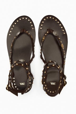 Zara + Embellished Flat Leather Sandals