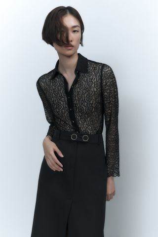 Zara + Lace Shirt Style Bodysuit