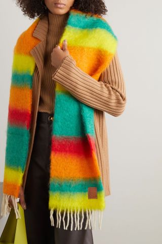 Loewe + Leather-Trimmed Fringed Striped Mohair-Blend Scarf
