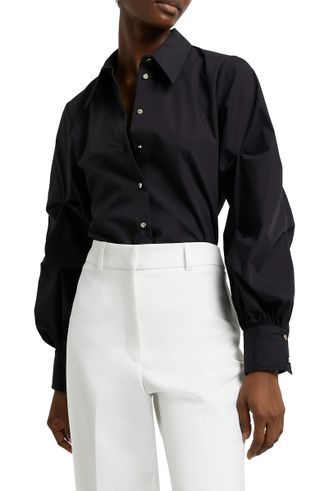 River Island + Ruched Sleeve Poplin Button-Up Shirt