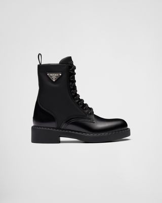 Prada + Brushed-Leather and Re-Nylon Boots