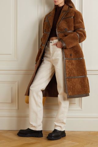 Lvir + Double-Breasted Faux Leather-Trimmed Faux Shearling Coat