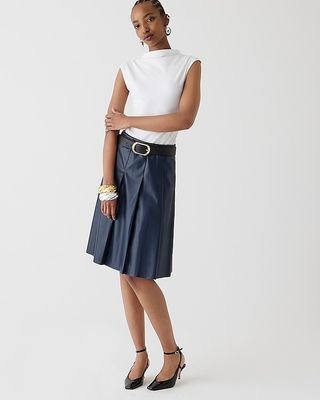 J.Crew + Pleated Faux-Leather Skirt