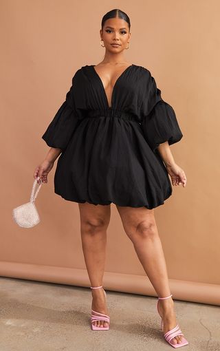 PrettyLittleThing.com + Black Puff Sleeve Puffball Hem Dress
