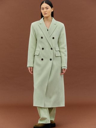 Source Unknown + Cinched Waist Maxi Wool Coat in Pistachio