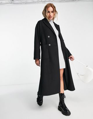 Monki + Belted Wool Blend Double Breasted Coat