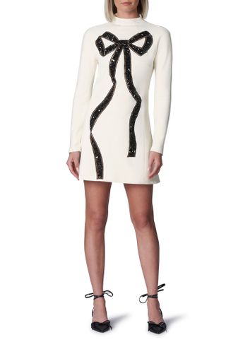 Carolina Herrera + Embellished Bow Detail Long Sleeve Wool Blend Dress