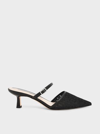 Charles & Keith + Lace & Mesh Embellished-Buckle Mules