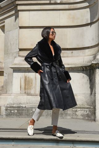 Jane & Tash + Black Faux Fur-Trimmed Leather Trench Coat