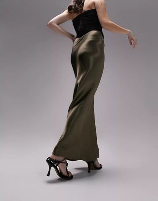 Topshop + Satin Bias Maxi Skirt in Dark Khaki