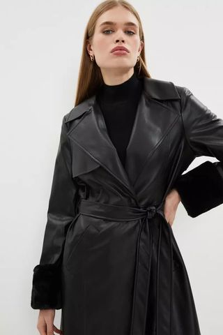 Coast + Faux Fur Detail Belted Pu Trench Coat