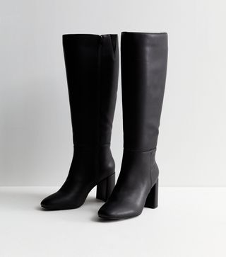 New Look + Black Leather-Look Stretch Block Heel Knee High Boots
