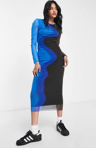 Topshop + Colorblock Mesh Long Sleeve Midi Dress