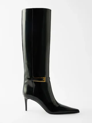 Saint Laurent + Lee 70 Buckled Patent-Leather Knee Boots