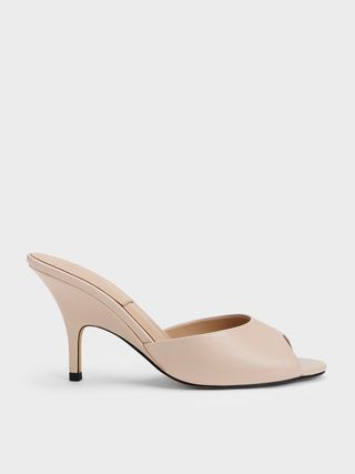 Charles & Keith + Nude Leather Round-Toe Heeled Mules