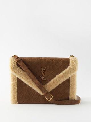 Saint Laurent + Gaby Shearling and Quilted-Suede Shoulder Bag