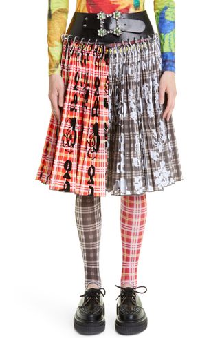 Chopova Lowena + Penstemon Mixed Plaid Belted Skirt