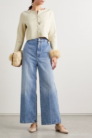 Sleeper + Feather-Trimmed Cropped Knitted Cardigan