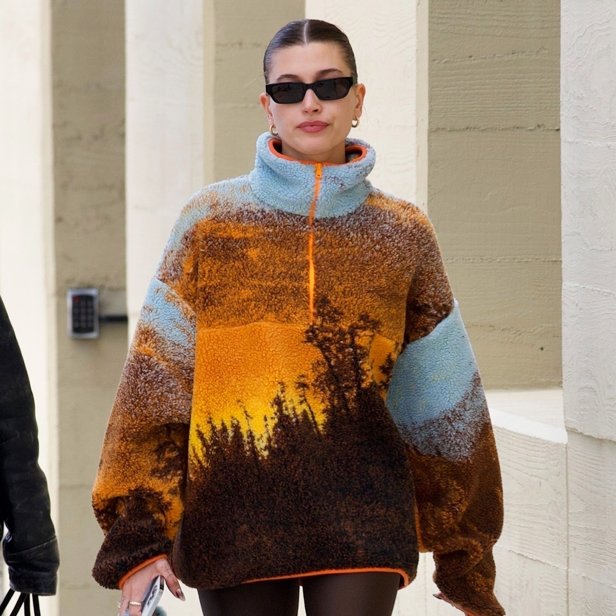 Hailey Bieber Stays Cozy in a Patterned Fleece During a Day Out in