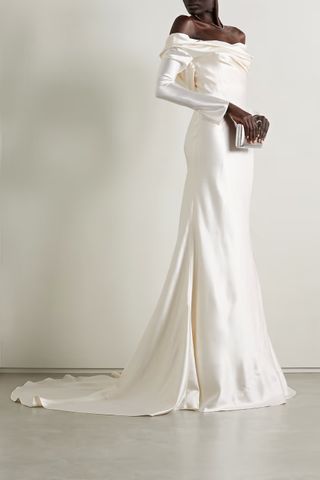 Danielle Frankel + Noa Off-the-Shoulder Draped Wool and Silk-Blend Charmeuse Gown