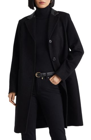 Lauren Ralph Lauren + Faux Leather Trim Wool Blend Longline Coat
