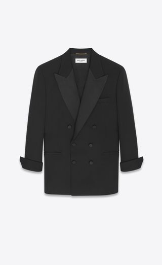 Saint Laurent + Double-Breasted Tuxedo Jacket in Grain De Poudre