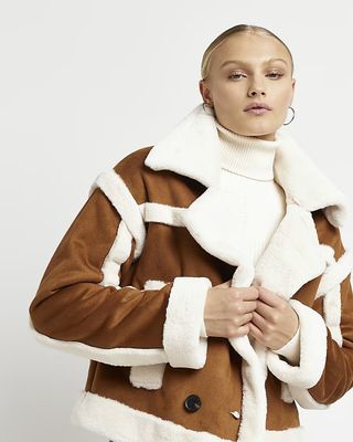 River Island + Brown Faux Fur Cropped Aviator Jacket