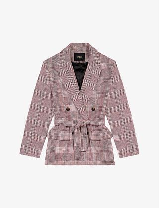Maje + Checked Belted Double-Breasted Cotton-Blend Blazer