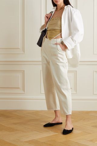 Frame + Cropped Button-Embellished Cotton-Twill Wide-Leg Pants