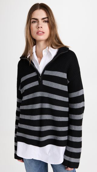 English Factory + Striped Knitted Half Zip Up Sweater
