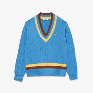 Lacoste + V-Neck Cable Knit Wool Sweater