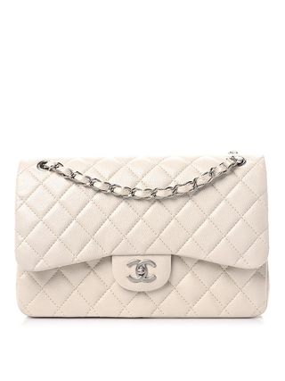Chanel + Pearly Caviar Quilted Jumbo Double Flap Dark White