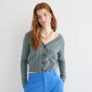 J.Crew + Cashmere Cropped Cable-Knit V-Neck Cardigan Sweater